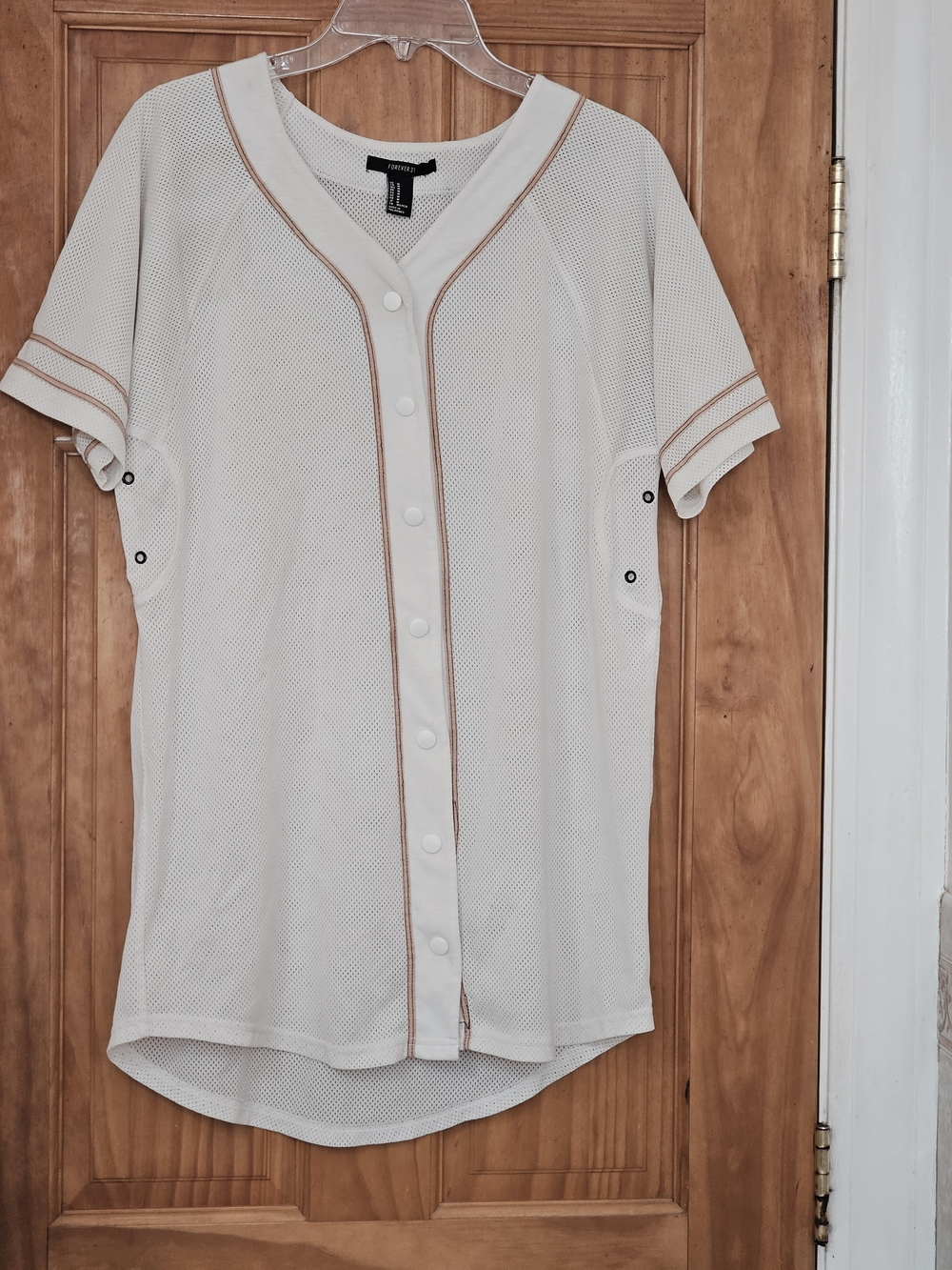Forever 21 Cream Mesh Baseball Jersey Top Snap Front Short Sleeve Women's Size M